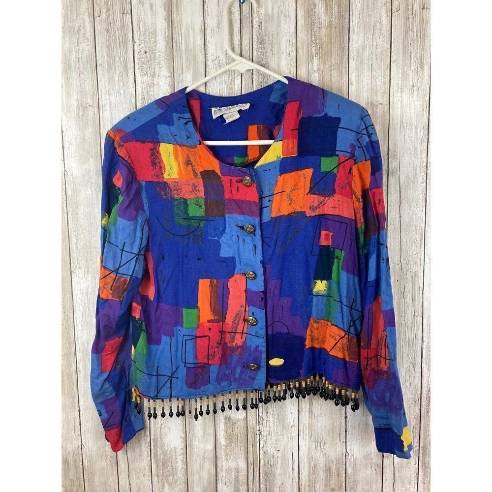 Vintage 80's Pegaso Color Block Crop Rayon Long Sleeve Beaded shirt Size 10